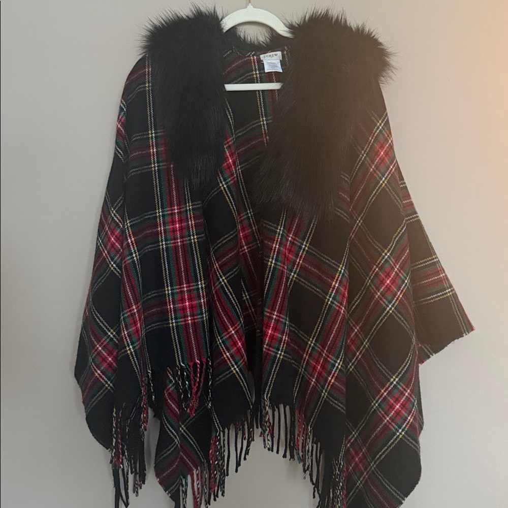 J. Crew Tartan Plaid Shawl Fashion Scarf Faux Fur Women’s One Size Poncho